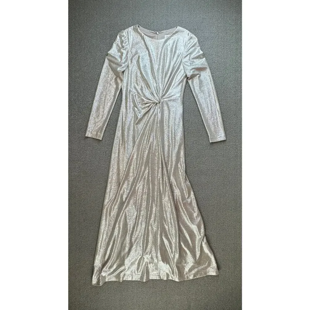Eliza‎ J Formal Dress Full Length Gown Twist Metallic Silver Sparkly Size 8